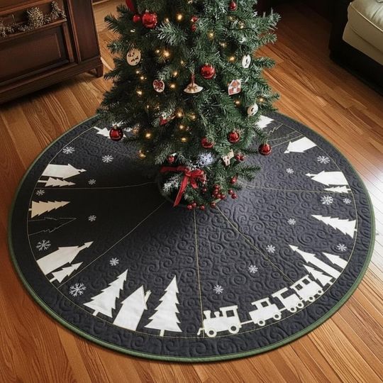 Quilted Black Winter Solstice Tree Skirt, White Silhouette Christmas Tree & Train Skirt, Dark Holiday Decor
