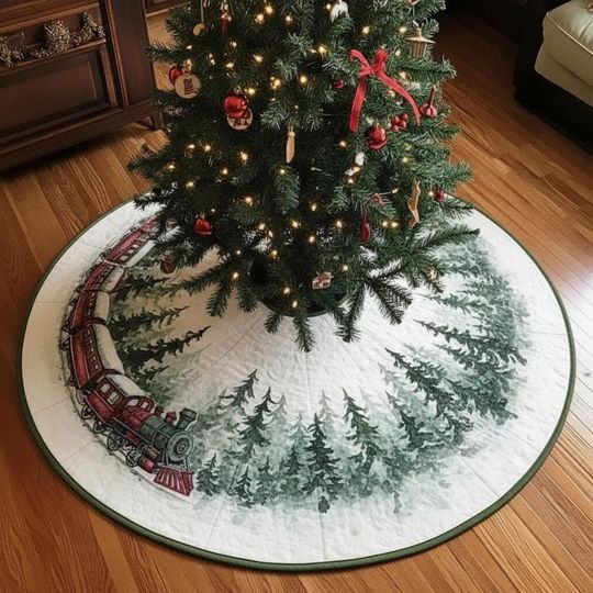Discover Watercolor Forest Tree Skirt, White Quilted Skirt with Green Treetops & Red Train Journey, Rustic Decor