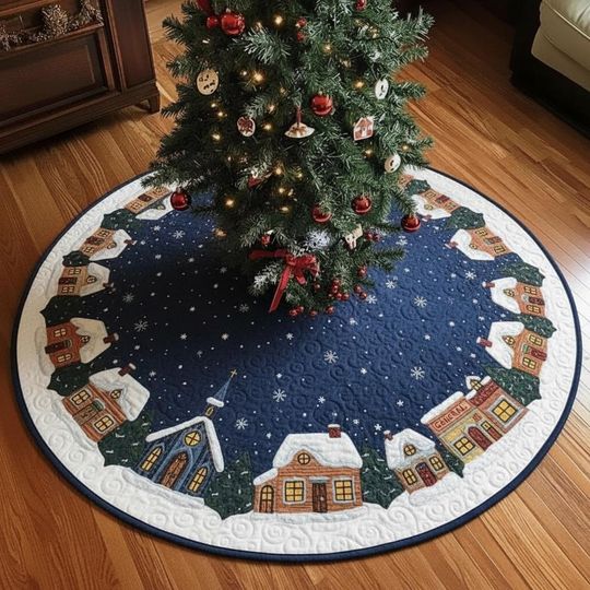 Discover Cozy Lamplight Village Tree Skirt, White & Gray Snowy Town Quilted Christmas Decor, Winter Lane Holiday Home Decoration
