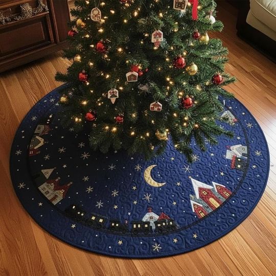 Discover Celestial Starry Night Tree Skirt, Dark Blue Quilted Skirt with Train, Village & Moon, Nighttime Holiday Decor
