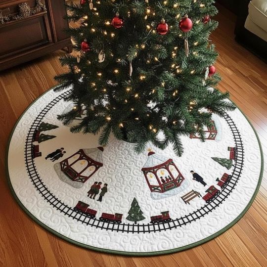 Discover White Christmas Town Square Tree Skirt, Holiday Gathering Quilted Skirt with Train & Gazebo, Festive Decor