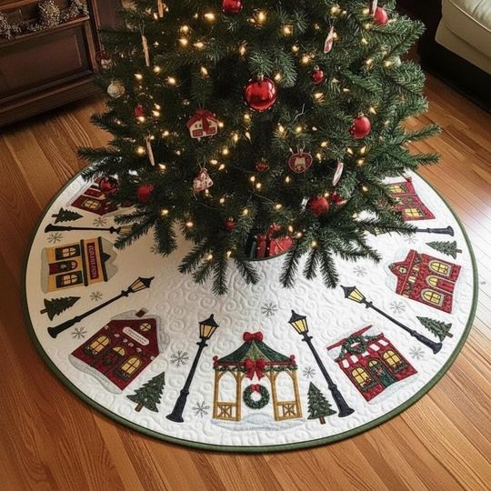 Discover Christmas Town Square White Tree Skirt, Holiday House & Gazebo Quilted Skirt, Winter Village Decor