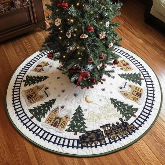 Discover Midnight Village Express Tree Skirt, Navy Blue Quilted Train Decor, Snowy Town Christmas Holiday Decoration, Family Rail Tour