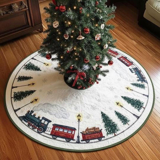 Discover Midnight Express Village Tour Tree Skirt, Navy Blue Quilted Train Decor, Snowy Town Christmas Holiday Decoration, Family Rail Scene