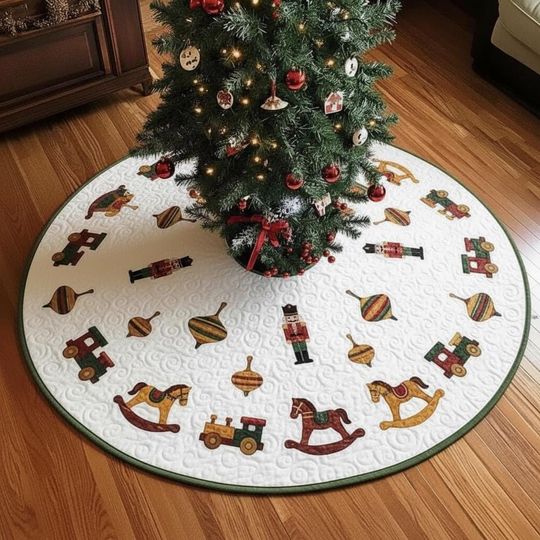 Discover Vintage Wooden Toy Parade Tree Skirt, Classic Red & Green Quilted Christmas Decor, Retro Holiday Playroom Decoration, Heirloom Style