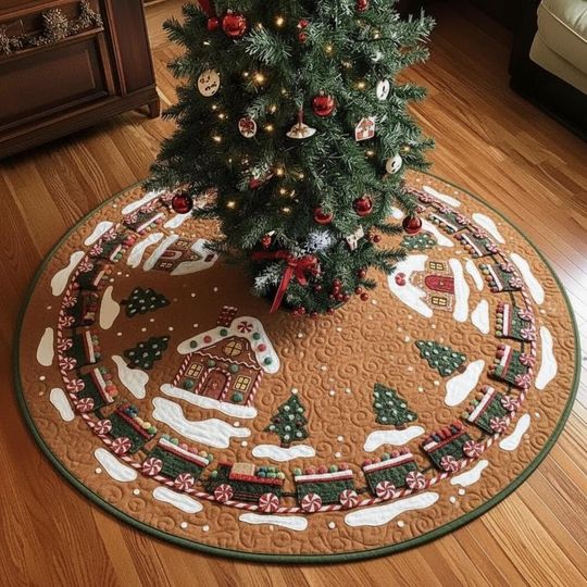 Discover Gingerbread Station Jubilee Tree Skirt, Candy Cane Quilted Christmas Decor, Sweet Village Holiday Home Decoration, Train Theme