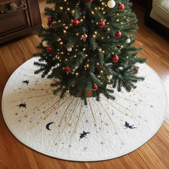 Discover White Celestial Tree Skirt, Gold Star Embroidery, Moon and Starlight Dance Holiday Decor, Winter Christmas Quilted Skirt, Fairy Theme