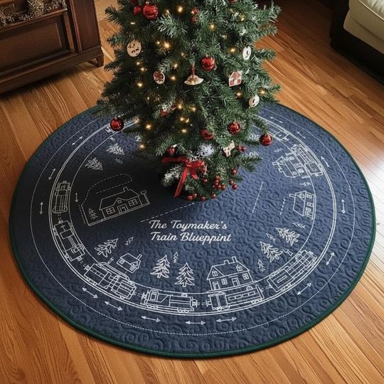 Discover Toymaker's Blueprint Train Tree Skirt, Schematic Design Quilted Christmas Decor, Vintage Draftsman Holiday Engine Art