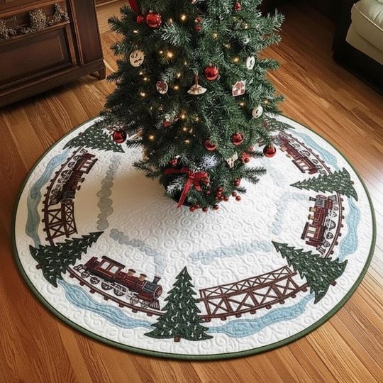 Discover Trestle Bridge Crossing Tree Skirt, Train Railway Quilted Christmas Decor, Snowy Landscape Holiday Home Decoration, Engine Scene