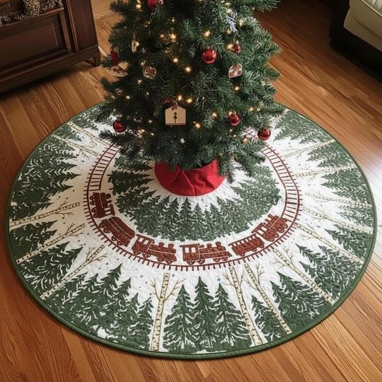 Evergreen Forest Railway Tree Skirt, Pine Tree Quilted Train Christmas Decor, Woodland Scene Holiday Home Decoration, Green & White