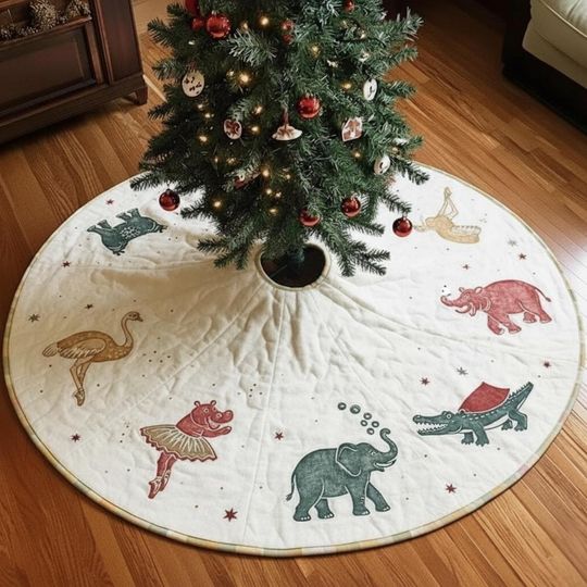 Discover White Animal Ensemble Tree Skirt, Quilted Grand Finale Holiday Decor, Colorful Zoo Christmas Skirt, Hippo Ostrich Elephant Alligator