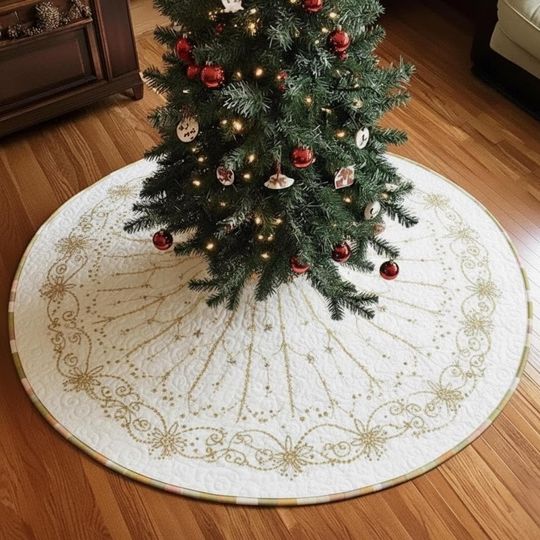 Discover Golden Pixie Dust Trails Tree Skirt, White Quilted Christmas Decor, Minimalist Gold Border Holiday Skirt, Simple Elegant Xmas