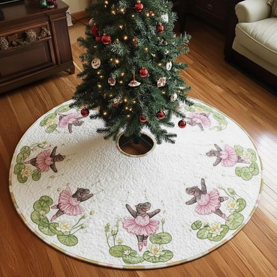 Discover White Ballerina Hippo Tree Skirt, Pink Water Lily Waltz Christmas Decor, Quilted Animal Ballet Holiday Skirt, Unique Hippo Gift
