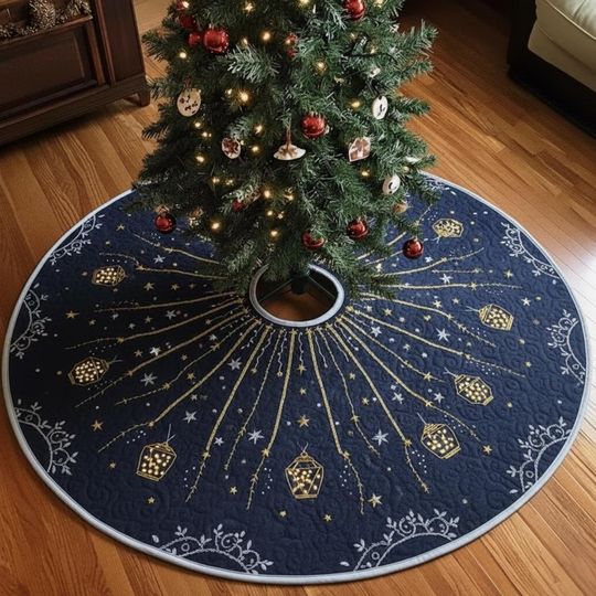 Navy Blue Fairy Lantern Tree Skirt, Gold Starlight Night Sky Christmas Decor, Quilted Holiday Skirt, Celestial Lantern Theme