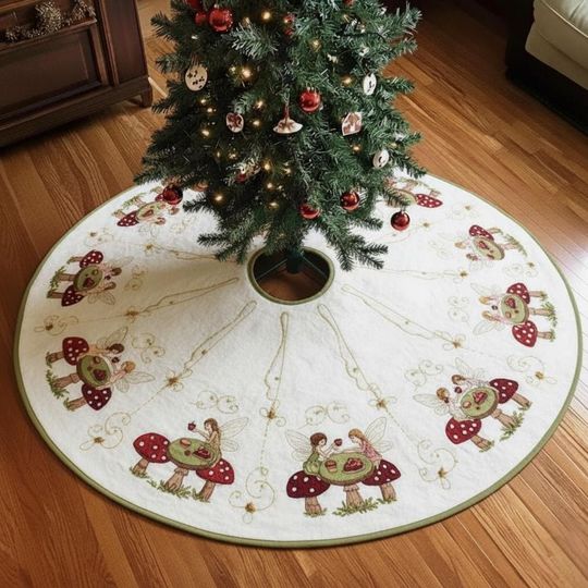 Discover Woodland Fairy Tea Party Tree Skirt, Mushroom Design, Quilted Christmas Decor, Whimsical Holiday Home Decoration, White & Green