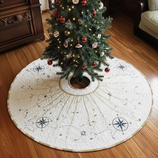Discover White Compass Map Tree Skirt, Gold Quilted Christmas Decor, Neverland Themed Holiday Skirt, Adventure Xmas Tree Base Cover