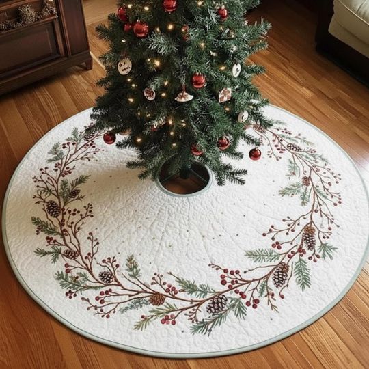 Winter Berry Wreath Tree Skirt, Pine Cone & Holly Christmas Decor, Rustic Farmhouse Quilted Holiday Skirt, Evergreen Branch Design