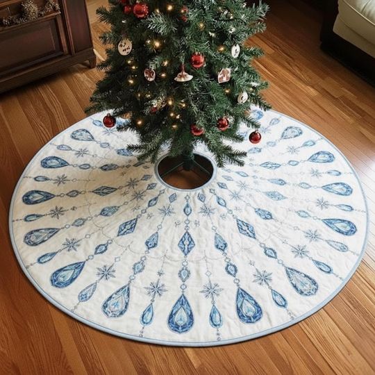 Discover Snow Queen Jewels Tree Skirt, White & Blue Crystal Embroidery, Quilted Christmas Decor, Icy Gem Holiday Decoration, Winter Sparkle
