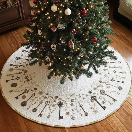 Discover White Skeleton Key Tree Skirt, Bronze Quilted Christmas Decor, Vintage Button & Key Holiday Skirt, Rustic Lost Trove Xmas Design