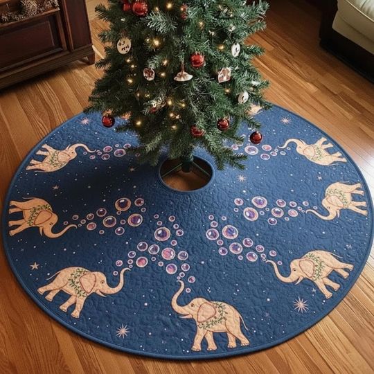 Discover Midnight Blue Elephant Tree Skirt, Quilted Christmas Decor, Whimsical Animal Holiday Home Decoration, Bubble Design Xmas Skirt