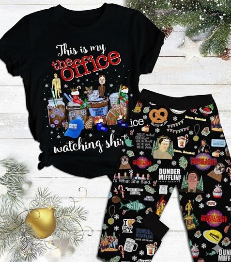 Discover Office Themed Christmas Pajama Set, Satin Short Sleeve Holiday Sleepwear, TV Show Gift For Fans, Fun Nightwear Gift for Her