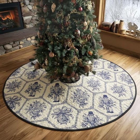 Discover Grandmillennial Nutcracker Toile Tree Skirt, Blue and Cream Quilted Floral Design, Elegant Traditional Holiday Decoration
