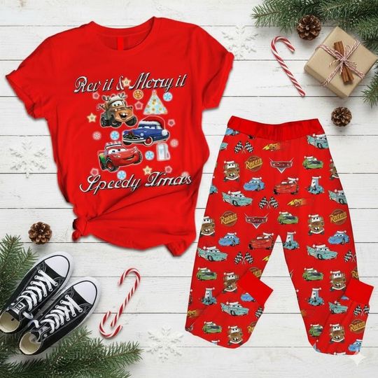Discover Cars Christmas Pajama Set, Satin Cartoon Short Sleeve Sleepwear, Holiday Gift For Kids, Cozy Festive Nightwear, Fun Gift Idea