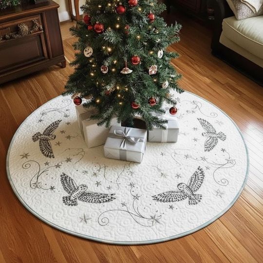 Discover Snowy Owls Majestic Flight Tree Skirt, Winter Bird Christmas Decor, Quilted White & Gray Holiday Skirt, Celestial Owl Design
