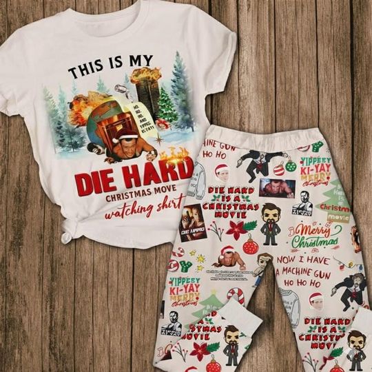 Die Hard Christmas T-Shirt Pajamas Set, Fun Movie Sleepwear, Holiday Loungewear Gift For Him, New Year Present
