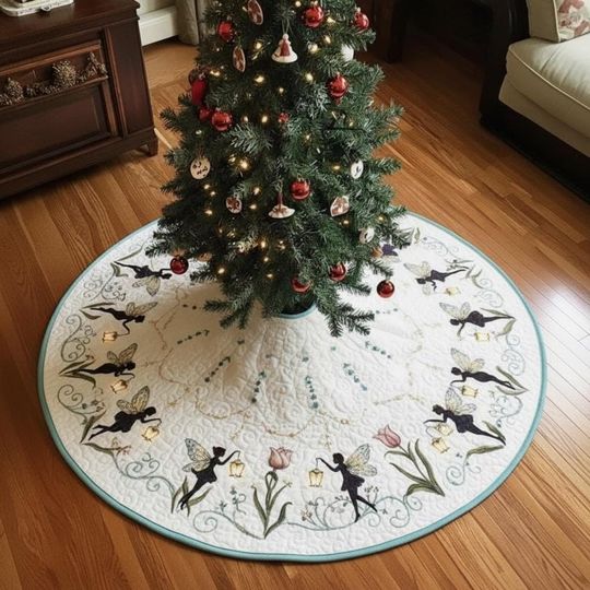 Discover Fairy Lantern Light Parade Tree Skirt, Floral & Fairy Quilted Christmas Decor, Whimsical Holiday Home Skirt, White Green