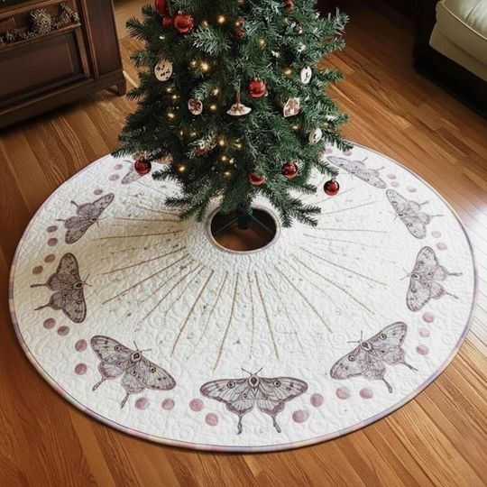 Lunar Moth Moonpetal Ballet Tree Skirt, Quilted Christmas Decor, White & Lavender Moth Holiday Skirt, Celestial Insect Theme