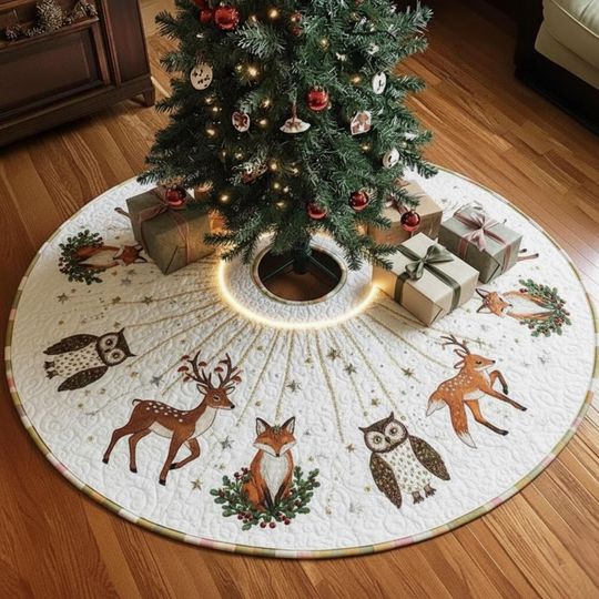 Discover Mystical Mistletoe Menagerie Tree Skirt, Woodland Fox, Deer & Owl Christmas Decor, Quilted Animal Holiday Skirt, Rustic Forest