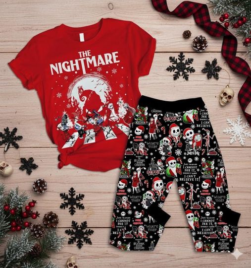 Discover Nightmare Christmas Pajama Set, Satin Holiday Sleepwear, Halloween Gift For Women, Cozy Short Sleeve Loungewear, Unique Holiday Present