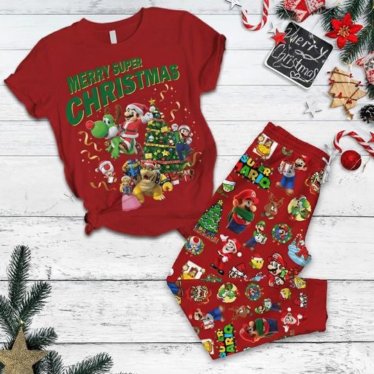 Super Mario Christmas T-Shirt Pajamas Set, Holiday Sleepwear Gamer Gift For Kids, Fun Cartoon Loungewear, Holiday Present