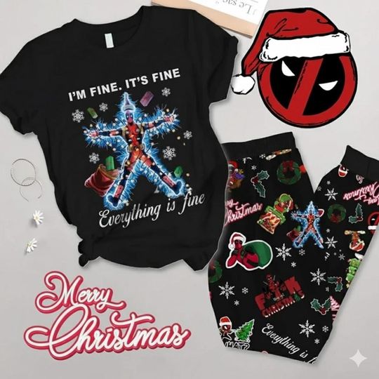 Deadpool Christmas T-Shirt Pajamas Set, Holiday Sleepwear, Funny Nightwear Gift For Fans, Winter Loungewear