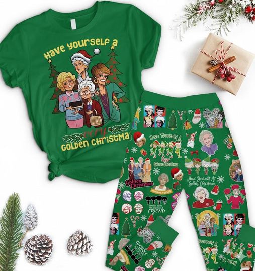 Discover Stay Golden Christmas Pajama Set Satin Holiday Sleepwear Cute Gift For Women, Festive Loungewear, Cozy Golden Gift