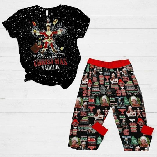 Discover Christmas Vacation Pajama Set, Festive Short Sleeve Satin Sleepwear, Holiday Loungewear Gift For Movie Lovers, Fun Film Nightwear Set