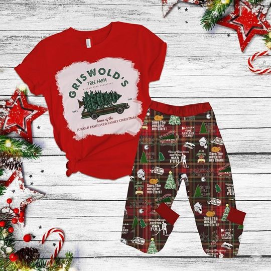 Griswold Christmas T-Shirt Pajamas Set, Holiday Sleepwear, Family Gift For Her, Fun Party Loungewear