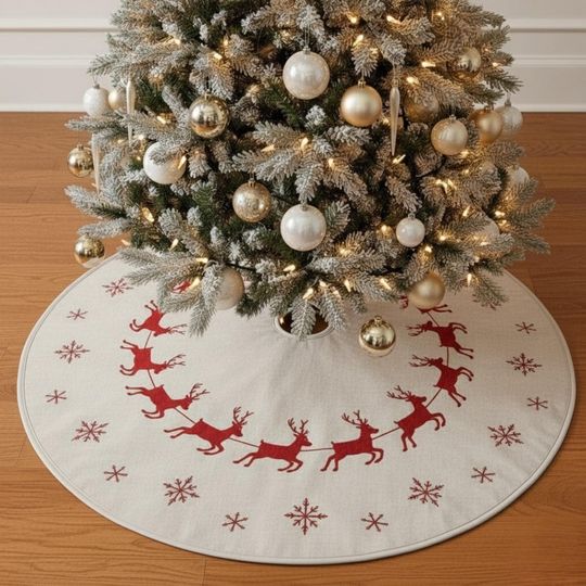 Discover Rustic Linen Reindeer Tree Skirt, Minimalist Red Snowflakes Holiday Decor, Neutral White Round Mat
