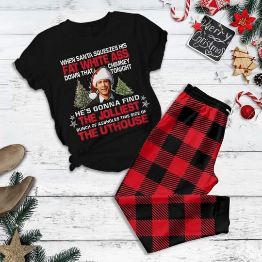 Funny Santa Christmas T-Shirt Pajamas Set, Holiday Sleepwear, Festive Print Nightwear Gift For Men