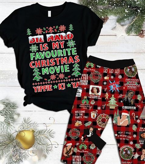 Die Hard Christmas T-Shirt Pajamas Set, Movie Nightwear Gift For Men, Cozy Holiday Loungewear, Xmas Gift