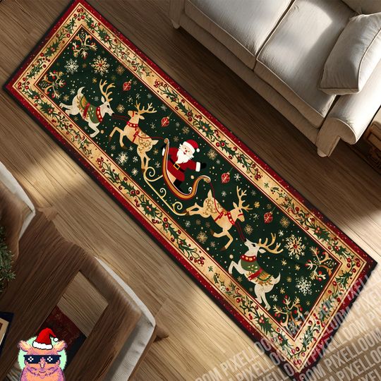 Christmas Runner Rug, Santa Sleigh Hallway Carpet, Reindeer Print Holiday Mat, Festive Entryway Decor, Long Xmas Floor Accent