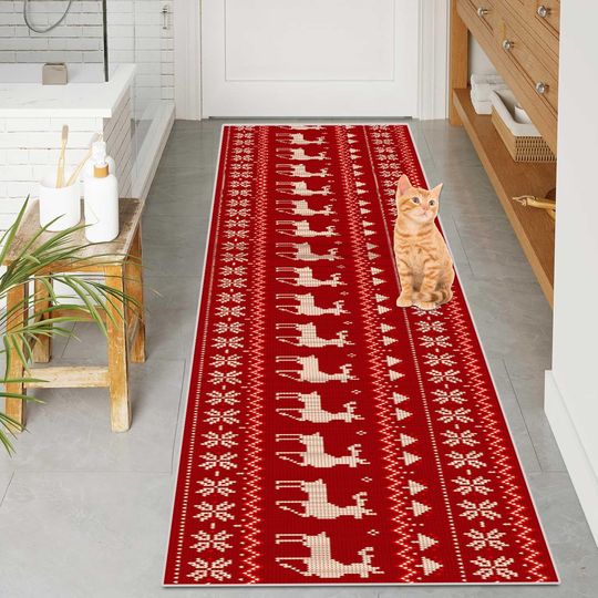 Christmas Runner Rug, Washable Kitchen Rug, Red Runner, Holiday Home Decor, Housewarming Gift