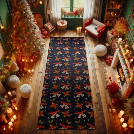 Discover Christmas Bells and Poinsettia Runner Rug  Festive Holiday Decor with Dark Background  Cozy Holiday Decor for Entryway