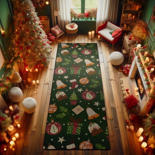 Discover Christmas Runner Rug with Festive Ornaments, Gifts, and Holly on Green Background, Green Runner