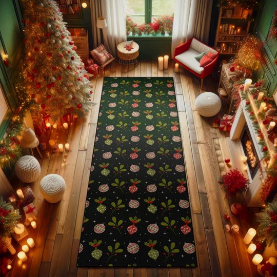 Discover Christmas Runner Rug with Gingerbread Houses, Santa Hats, and Festive Ornaments  Cozy Holiday Decor for Entryway