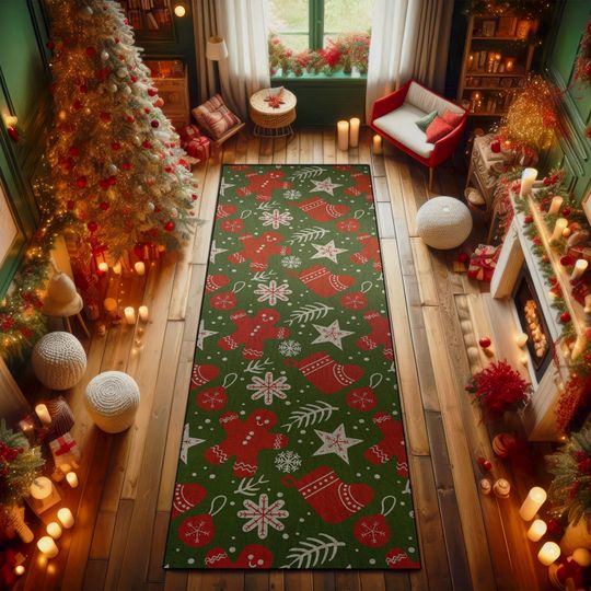 Discover Festive Christmas Runner Rug with Gingerbread, Snowflakes, Stockings  Ornaments - Holiday Decor Leaf Runner