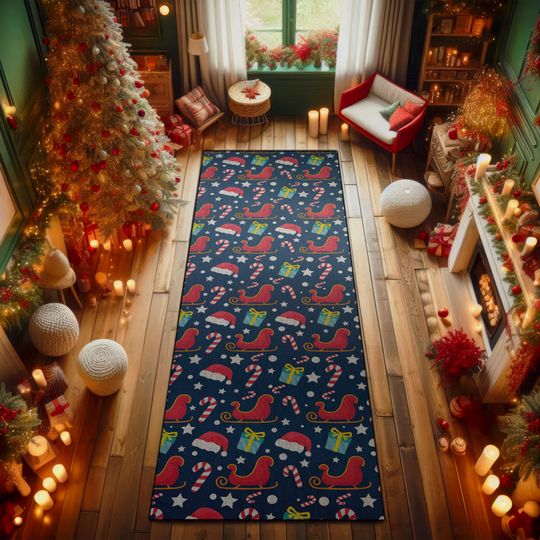 Festive Christmas Runner Rug with Santa Sleigh, Candy Canes, and Gifts for Holiday Decor