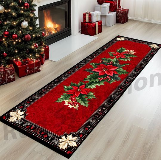 Christmas Poinsettia Runner Rug for Hallway Decor