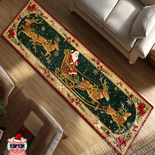 Santa Sleigh Runner Rug, Christmas Holiday Hallway Carpet, Reindeer Festive Kitchen Mat